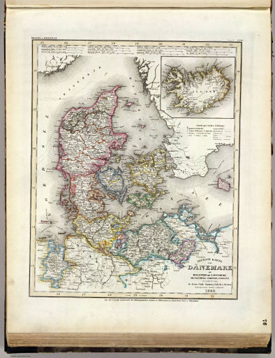 Meyer's Großer Hand-Atlas
76. Neueste Karte von Dänemark mit Holstein und Lauenburg, die freien Städte Hamburg, Lübeck u. Bremen (1846)