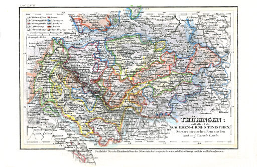Meyer's Pfennig-Atlas (1834-1841)
60. Thüringen: enthaltend die Sachsen-Ernestinischen, Schwarzburgischen, Reussischen und angränzende Lande (Lief.&nbsp;LXVIII&nbsp;=&nbsp;68)