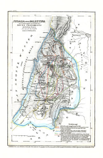 Meyer's Pfennig-Atlas (1834-1841)
103. Judaea oder Palestina zur Erklärung der Geschichte des Neuen Testaments mit den Reise-Routen Jesu Christi unsers Heilandes (Lief.&nbsp;LXXI&nbsp;=&nbsp;71)