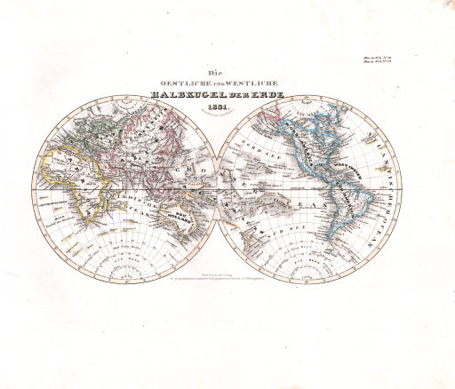 Meyer's Universal-Atlas (1830-1840)
18. Die oestliche und westliche Halbkugel der Erde (Nº&nbsp;14, 1831)