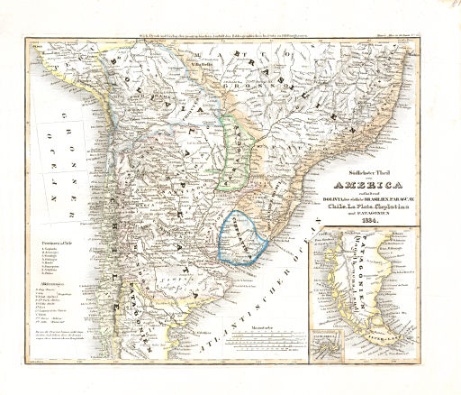 Meyer's Universal-Atlas (1830-1840)
81. Südlichster Theil von America enthaltend Bolivia, das südliche Brasilien, Paraguay, Chile, La Plata, Cisplatina und Patagonien (Nº&nbsp;46, 1834)