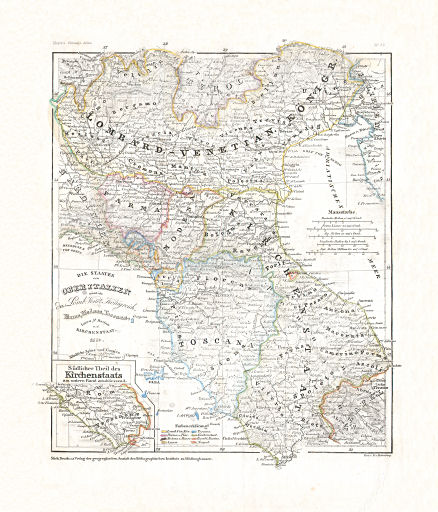 Meyer's Zeitungs-Atlas (1849-1852)
49. Die Staaten von Ober Italien nämlich: das Lomb. Venet. Königreich, Parma, Modena, Toscane, Lucca, St. Marino u. d. Kirchenstaat (Nº&nbsp;86, 1850)