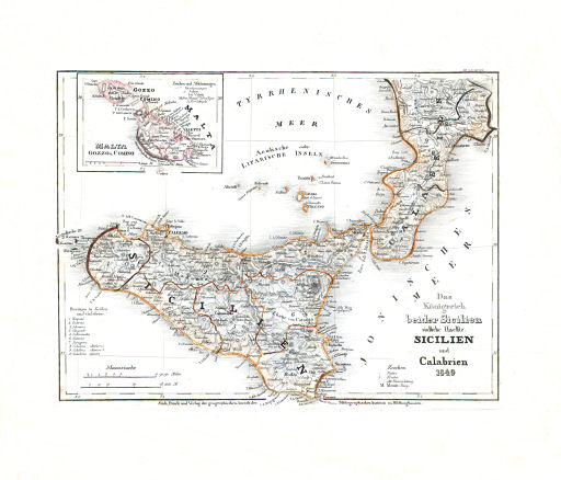 Meyer's Zeitungs-Atlas (1849-1852)
52. Das Königreich beider Sicilien, südliche Haelfte: Sicilien und Calabrien (Nº&nbsp;22, 1849)