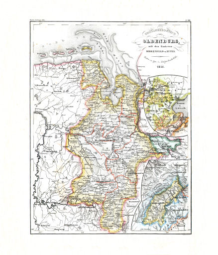 Meyer's Zeitungs-Atlas (1849-1852)
70. Groszherzogthum Oldenburg mit den Enclaven Birkenfeld u. Eutin (Nº&nbsp;111, 1851)