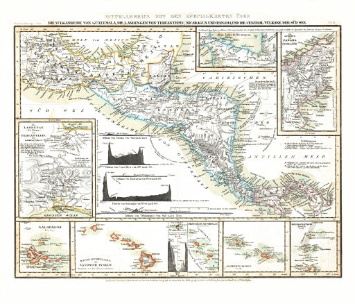 Meyer's Zeitungs-Atlas (1849-1852)
98. Mittelamerica mit den Specialkarten über die Vulkanreihe von Guatemala, die Landengen von Tehuantepec, Nicaragua und Panama, und die Central Vulkane der Süd See (Nº&nbsp;91)