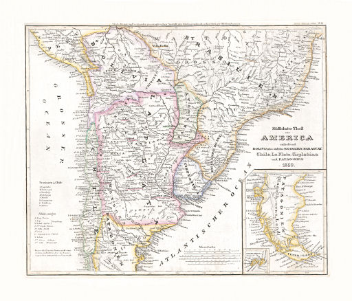 Meyer's Zeitungs-Atlas (1849-1852)
101. Südlichster Theil von America enthaltend Bolivia, das südliche Brasilien, Paraguay, Chile, La Plata, Cisplatina und Patagonien (Nº&nbsp;81, 1850)