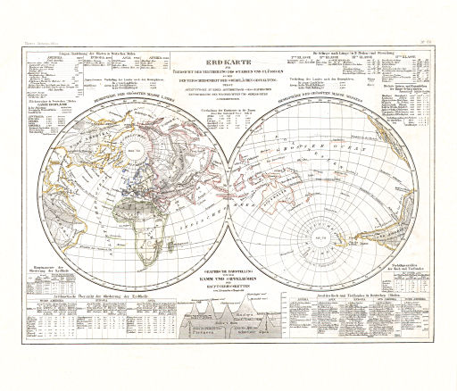 Meyer's Zeitungs-Atlas (1849-1852)
108. Erdkarte zur Übersicht der Vertheilung des Starren und Flüssigen so wie der Verschiedenheit der Oberflächen Gestaltung (Nº&nbsp;60)