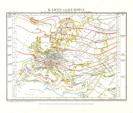 Meyer's Zeitungs-Atlas (1849-1852)
114. Karte von Europa zur Übersicht der Wärme-Verbreitung in diesem Erdtheile (Nº&nbsp;110)