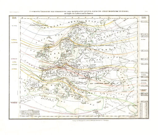 Meyer's Zeitungs-Atlas (1849-1852)
119. J. Schouw's Übersicht der Verbreitung der Wichtigsten Kultur-, Baum- und Strauchgewächse in Europa, mit Angabe der Isotheren und Isochimenen (Nº&nbsp;94)