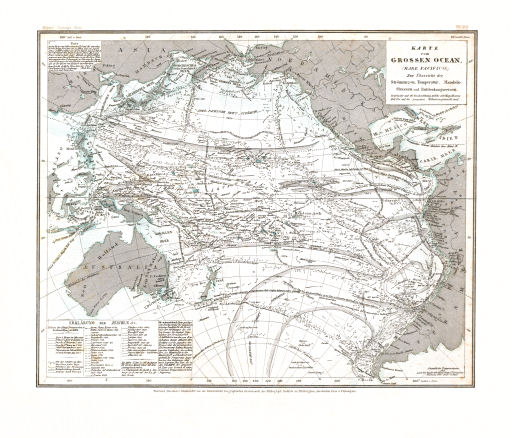 Meyer's Zeitungs-Atlas (1849-1852)
122. Karte vom Grossen Ocean, (Mare Pacifico) Zur Übersicht der Strömungen, Temperatur, Handels-Strassen und Entdeckungsreisen (Nº&nbsp;98)