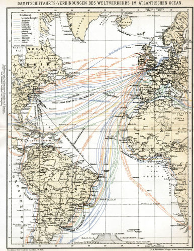 Brockhaus' Konversations-Lexikon, 1894-1897
4.749. Dampfschiffahrts-Verbindungen des Weltverkehrs im Atlantischen Ocean