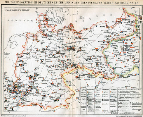 Brockhaus' Konversations-Lexikon, 1894-1897
5.68a. Militärdislokation im Deutschen Reiche und in den Grenzgebieten seiner Nachbarstaaten