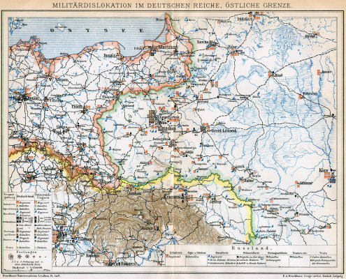 Brockhaus' Konversations-Lexikon, 1894-1897
5.68b. Militärdislokation im Deutschen Reiche, östliche Grenze
