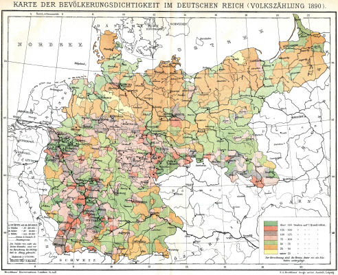 Brockhaus' Konversations-Lexikon, 1894-1897
5.121. Karte der Bevölkerungsdichtigkeit im Deutschen Reich (Volkszählung 1890)