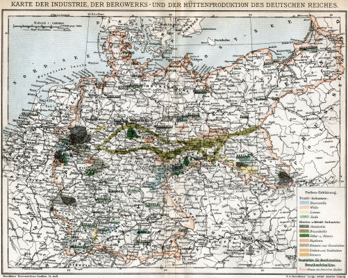 Brockhaus' Konversations-Lexikon, 1894-1897
5.130. Karte der Industrie, der Bergwerks- und der Hüttenproduktion des Deutschen Reiches