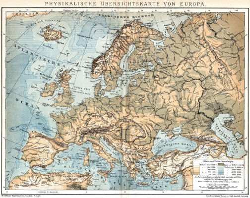 Brockhaus' Konversations-Lexikon, 1894-1897
6.425. Physikalische Übersichtskarte von Europa