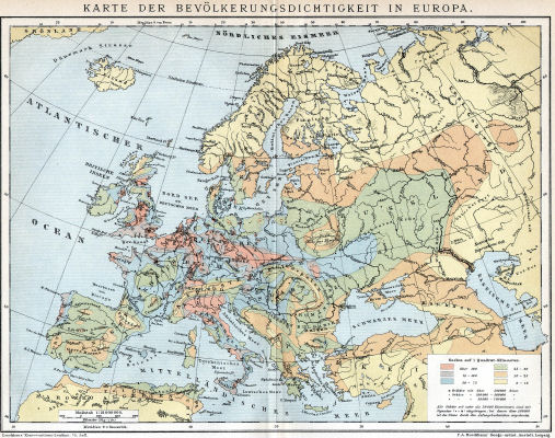 Brockhaus' Konversations-Lexikon, 1894-1897
6.429. Karte der Bevölkerungsdichtigkeit in Europa