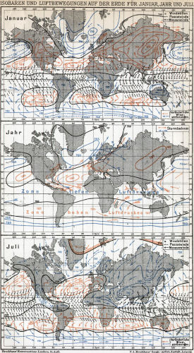 Brockhaus' Konversations-Lexikon, 1894-1897
9.722. Isobaren und Luftbewegungen auf der Erde für Januar, Jahr und Juli