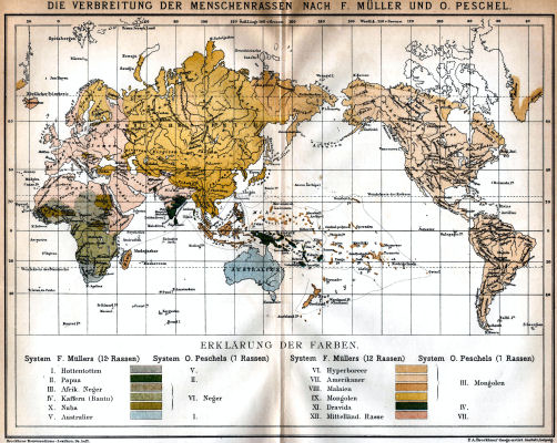 Brockhaus' Konversations-Lexikon, 1894-1897
11.776. Die Verbreitung der Menschenrassen nach F. Müller und O. Peschel