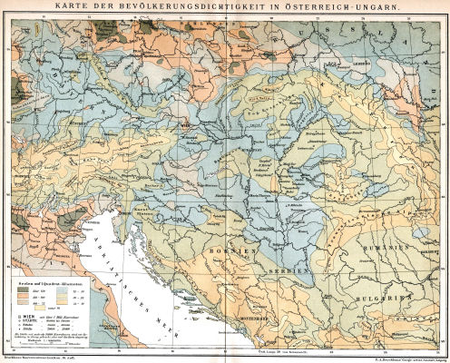 Brockhaus' Konversations-Lexikon, 1894-1897
12.716. Karte der Bevölkerungsdichtigkeit in Österreich-Ungarn