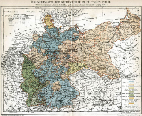 Brockhaus' Konversations-Lexikon, 1894-1897
13.672. Übersichtskarte der Rechtsgebiete im Deutschen Reiche