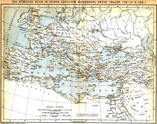 Brockhaus' Konversations-Lexikon, 1894-1897
13.956. Das Römische Reich in seiner grössten Ausdehnung unter Trajan (98-117 n. Chr.)