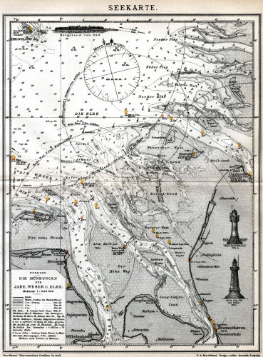 Brockhaus' Konversations-Lexikon, 1894-1897
14.790. Seekarte: Nordsee. Die Mündungen der Jade, Weser u. Elbe