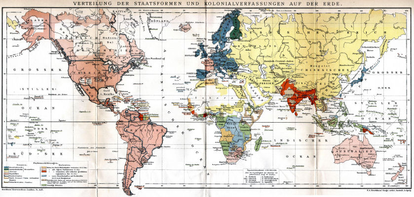 Brockhaus' Konversations-Lexikon, 1894-1897
15.209. Verteilung der Staatsformen und Kolonialverfassungen auf der Erde