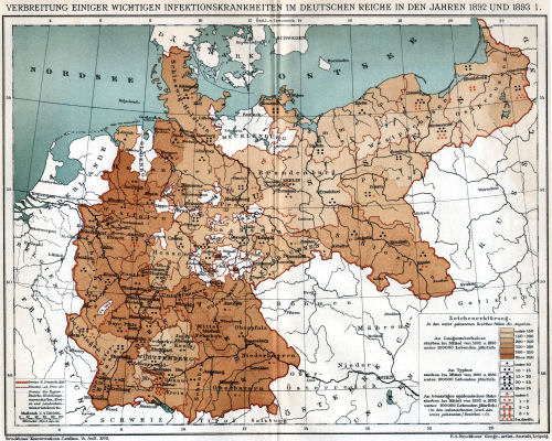 Brockhaus' Konversations-Lexikon, 1894-1897
17.605a. Verbreitung einiger wichtigen Infektionskrankheiten im Deutschen Reiche in den Jahren 1892 und 1893 I.