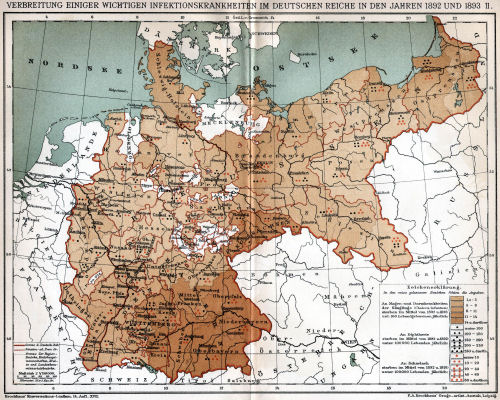 Brockhaus' Konversations-Lexikon, 1894-1897
17.605b. Verbreitung einiger wichtigen Infektionskrankheiten im Deutschen Reiche in den Jahren 1892 und 1893 II.