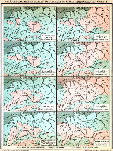 Brockhaus' Konversations-Lexikon, 1894-1897
17.842. Paläogeographische Skizzen Deutschlands und der benachbarten Gebiete