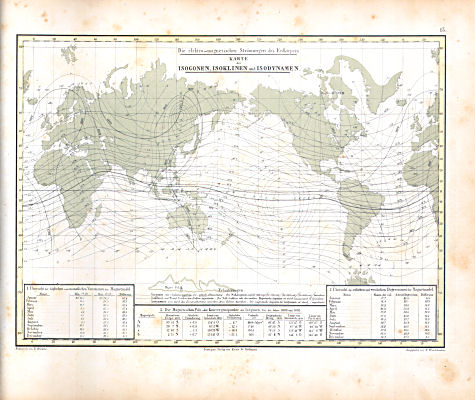 Atlas zu Humboldt's Kosmos (1854)
13. Karte der Isogonen, Isoklinen und Isodynamen
