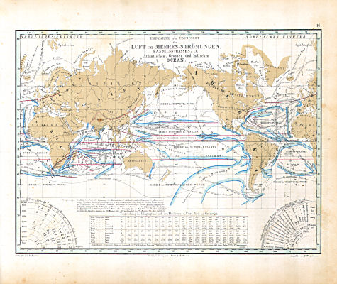 Atlas zu Humboldt's Kosmos (1854)
16. Erdkarte zur Übersicht der Luft- und Meeres-Strömungen, Handelsstrassen im Atlantischen, Grossen und Indischen Ocean 