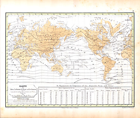 Atlas zu Humboldt's Kosmos (1854)
19. Karte der Jahres-Isothermen, Isotheren und Isochimenen