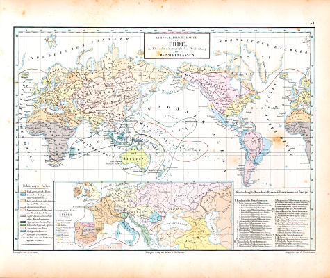Atlas zu Humboldt's Kosmos (1854)
34. Ethnographische Karte der Erde, zur Übersicht der geographischen Verbreitung der Menschenrassen