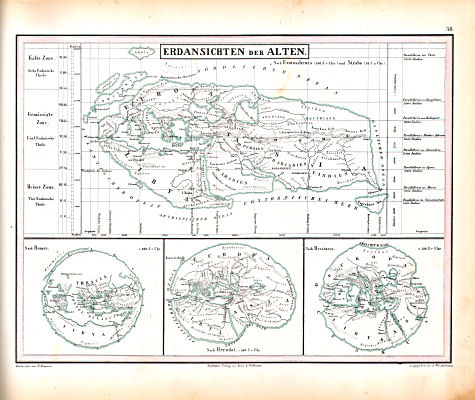 Atlas zu Humboldt's Kosmos (1854)
38. Erdansichten der Alten. Nach Eratosthenes (200 J. v. Chr.) und Strabo (20 J. n. Chr.)