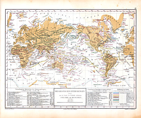 Atlas zu Humboldt's Kosmos (1854)
42. Die ozeanischen Entdeckungen und die um die Kunde des Erdballs verdienten Forscher und Reisenden, vom Jahre 840-1850