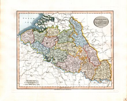 Cary's New Universal Atlas, 1819
38. Netherlands, also that Part of Germany, West of the Rhine, as ceded to France
Zuidelijke Nederlanden, en het Duitse gebied ten westen van de Rijn, geannexeerd door Frankrijk