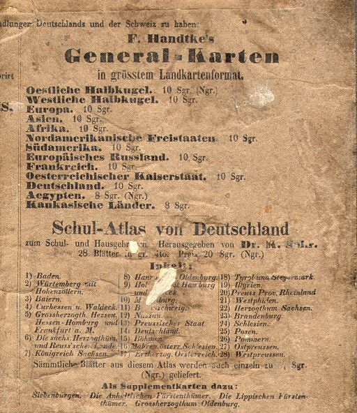 F. Handtke's General-Karten
F. Handtke's Schul-Atlas, 8. Aufl. 1851
Achterkant omslag / Back cover