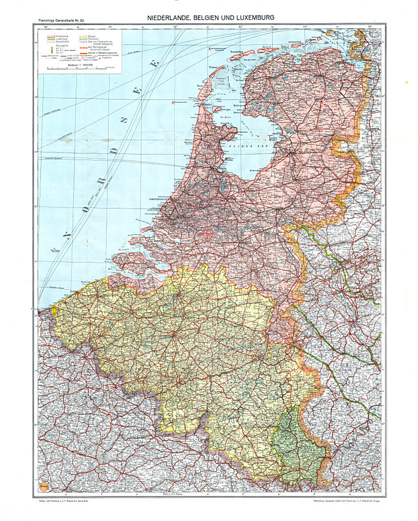 Flemmings Generalkarten, Nr. 20
Niederlande, Belgien und Luxemburg (ca. 1920)
Nederland, België en Luxemburg
Netherlands, Belgium and Luxemburg