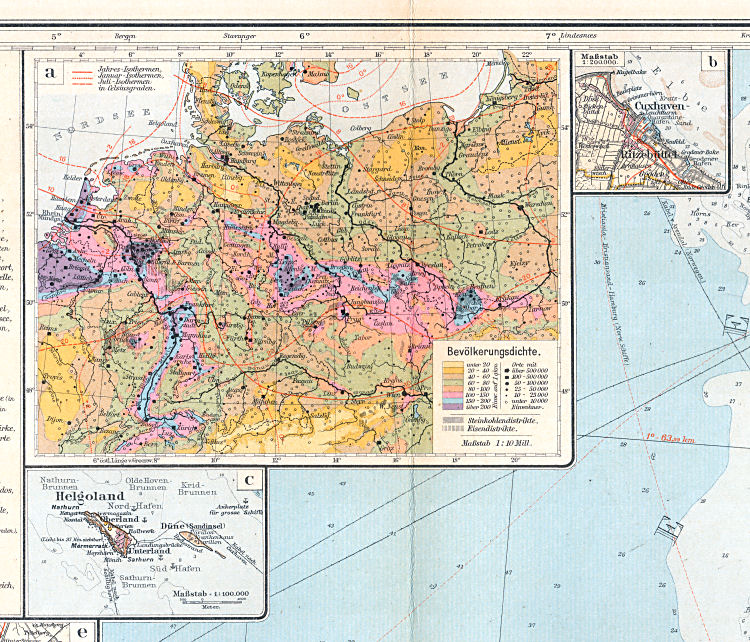 Sohr-Berghaus, Handatlas, 9. Aufl.
10a. Bevölkerungsdichte&nbsp; 10b. Cuxhaven-Ritzebüttel&nbsp; 10c. Helgoland
Bevolkingsdichtheid / Density of population, Cuxhaven-Ritzebüttel, Helgoland