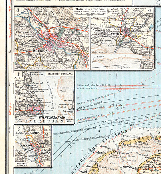 Sohr-Berghaus, Handatlas, 9. Aufl.
10d. Bremen&nbsp; 10e. Emden&nbsp; 10f. Wilhelmshaven&nbsp;10g. Bremerhaven
Bremen, Emden, Wilhelmshaven, Bremerhaven