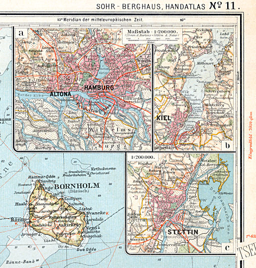 Sohr-Berghaus, Handatlas, 9. Aufl.
11a. Hamburg&nbsp; 11b. Kiel&nbsp; 11c. Stettin
Hamburg, Kiel, Stettin (Szczecin)