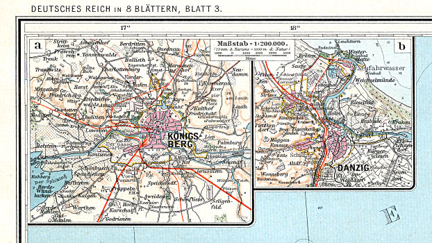 Sohr-Berghaus, Handatlas, 9. Aufl.
12a. Königsberg&nbsp; 12b. Danzig
Königsberg (Калининград = Kaliningrad), Danzig (Gdańsk)