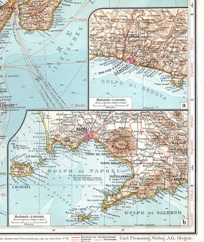 Sohr-Berghaus, Handatlas, 9. Aufl.
50a. Genova&nbsp; 50b. Napoli
Genua, Napels / Genoa, Naples