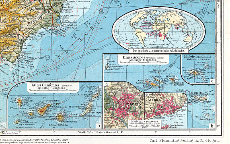 Sohr-Berghaus, Handatlas, 9. Aufl.
51a. Islas Canárias&nbsp; 51b. Ilhas Açores&nbsp; 51c. Madeira&nbsp; 51d. Madrid&nbsp; 51e. Lisboa
Canarische Eilanden, Azoren, Madeira, Madrid, Lissabon
Canary Islands, Azores, Madeira, Madrid, Lisbon