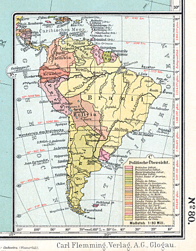 Sohr-Berghaus, Handatlas, 9. Aufl.
80c. Süd-Amerika, politische Übersicht (1904)
Zuid-Amerika (staatkundig) / South America (political)