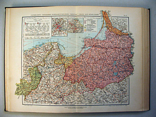 Ullsteins Weltatlas (1923)
6. Ostpreussen, Grenzmark Posen-Westpreussen, Freistaat Danzig und Memelgebiet
Oost-Pruisen, Grensmark Posen-West-Pruisen, Vrije Stad Danzig, Memelland
East Prussia, Border Province of Posen-West Prussia, Free City of Danzig, Memel Territory