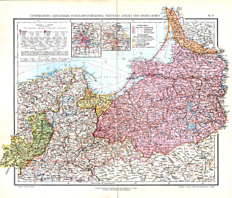 Ullsteins Weltatlas (1923)
6. Ostpreussen, Grenzmark Posen-Westpreussen, Freistaat Danzig und Memelgebiet
Oost-Pruisen, Grensmark Posen-West-Pruisen, Vrije Stad Danzig, Memelland
East Prussia, Border Province of Posen-West Prussia, Free City of Danzig, Memel Territory
