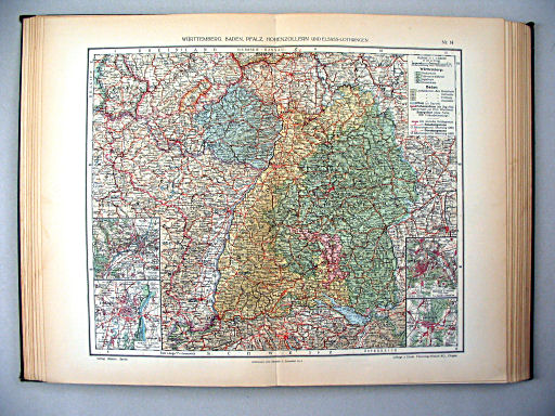 Ullsteins Weltatlas (1923)
14. Württemberg, Baden, Pfalz, Hohenzollern und Elsass-Lothringen
Württemberg, Baden, Palts, Hohenzollern en Elzas-Lotharingen
Württemberg, Baden, Palatinate, Hohenzollern and Alsace-Lorraine
